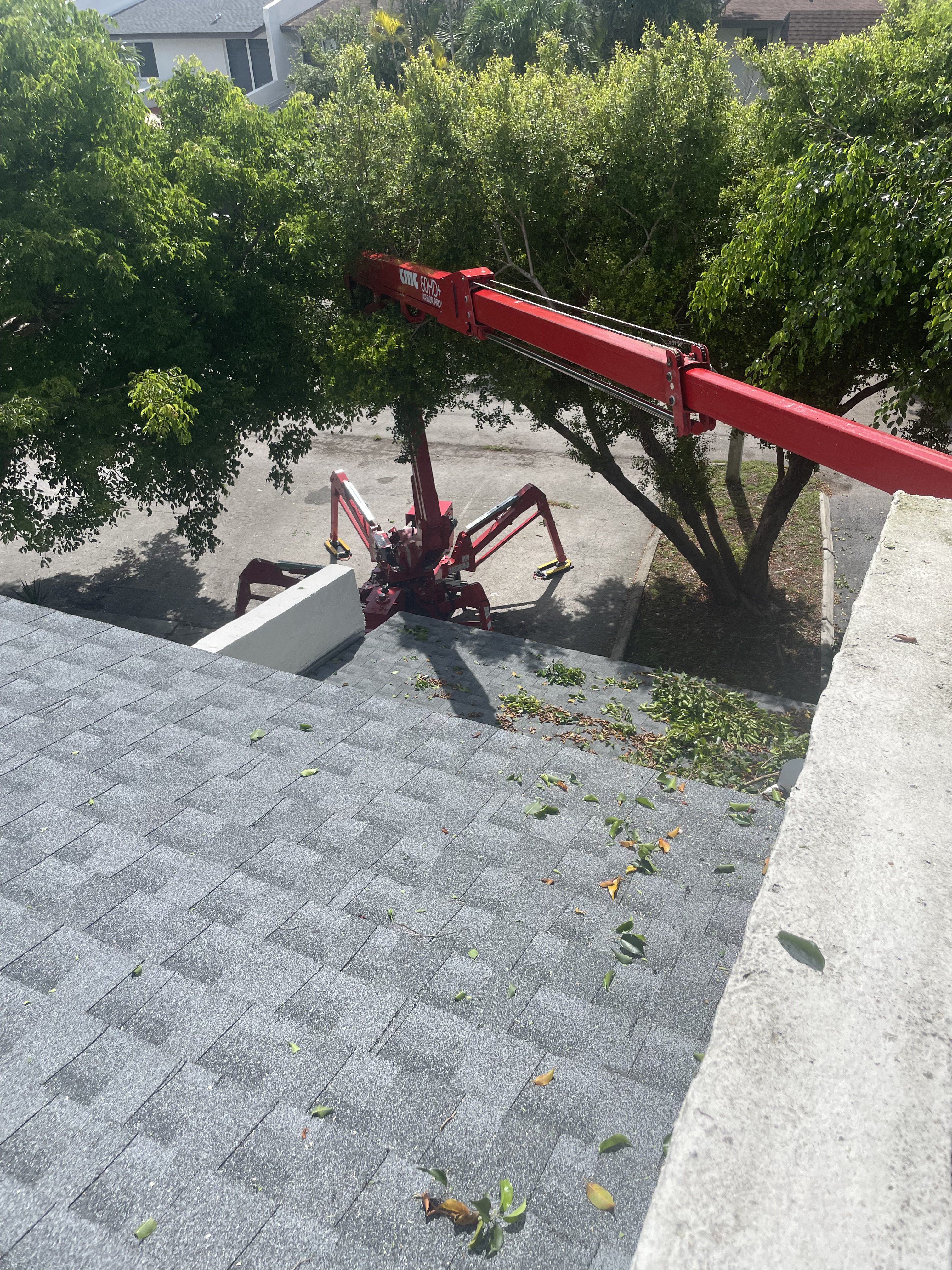 Spider lift accessing difficult rooftop areas for tree work