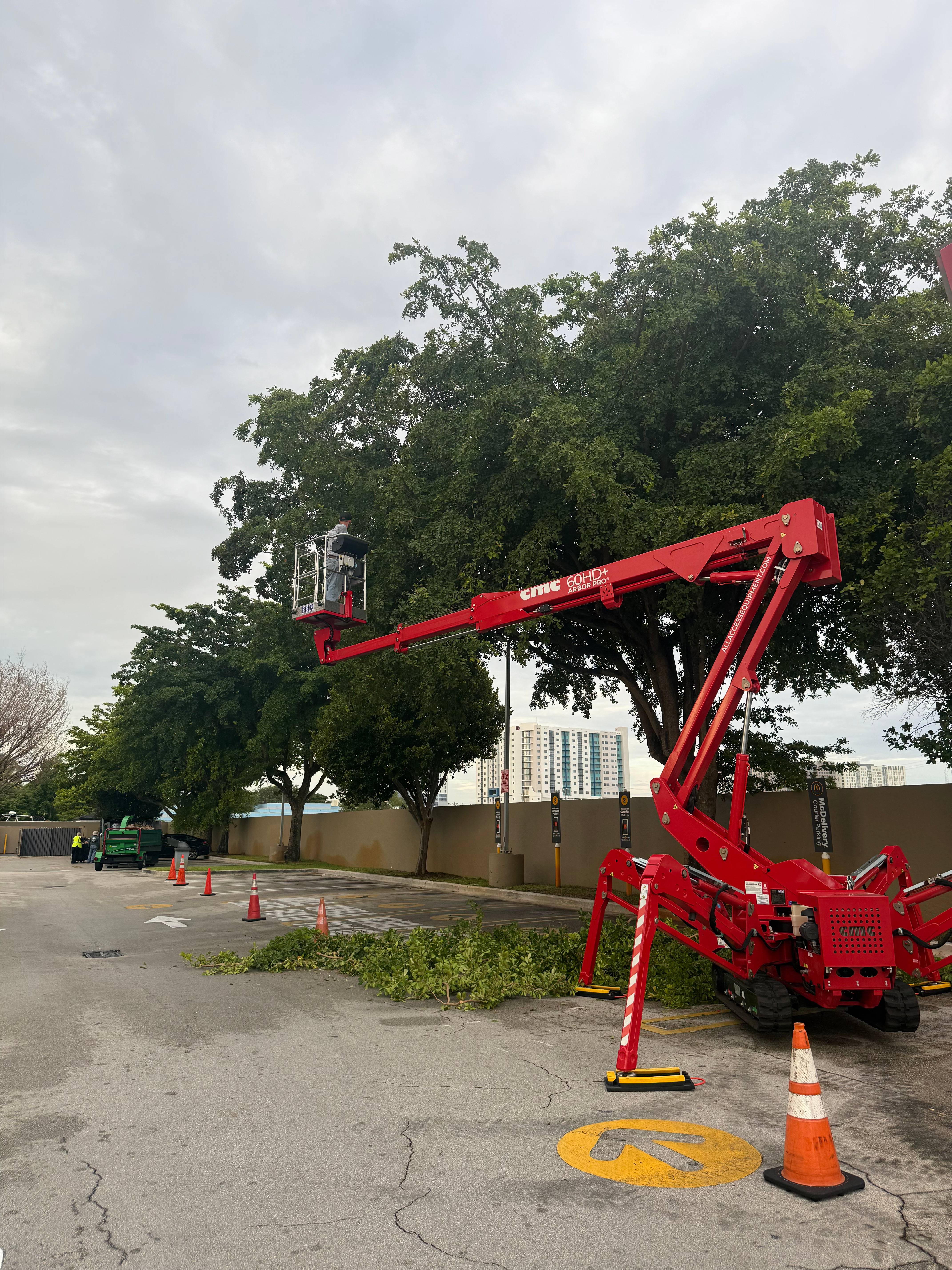 Tree trimming in parking lot with spider lift